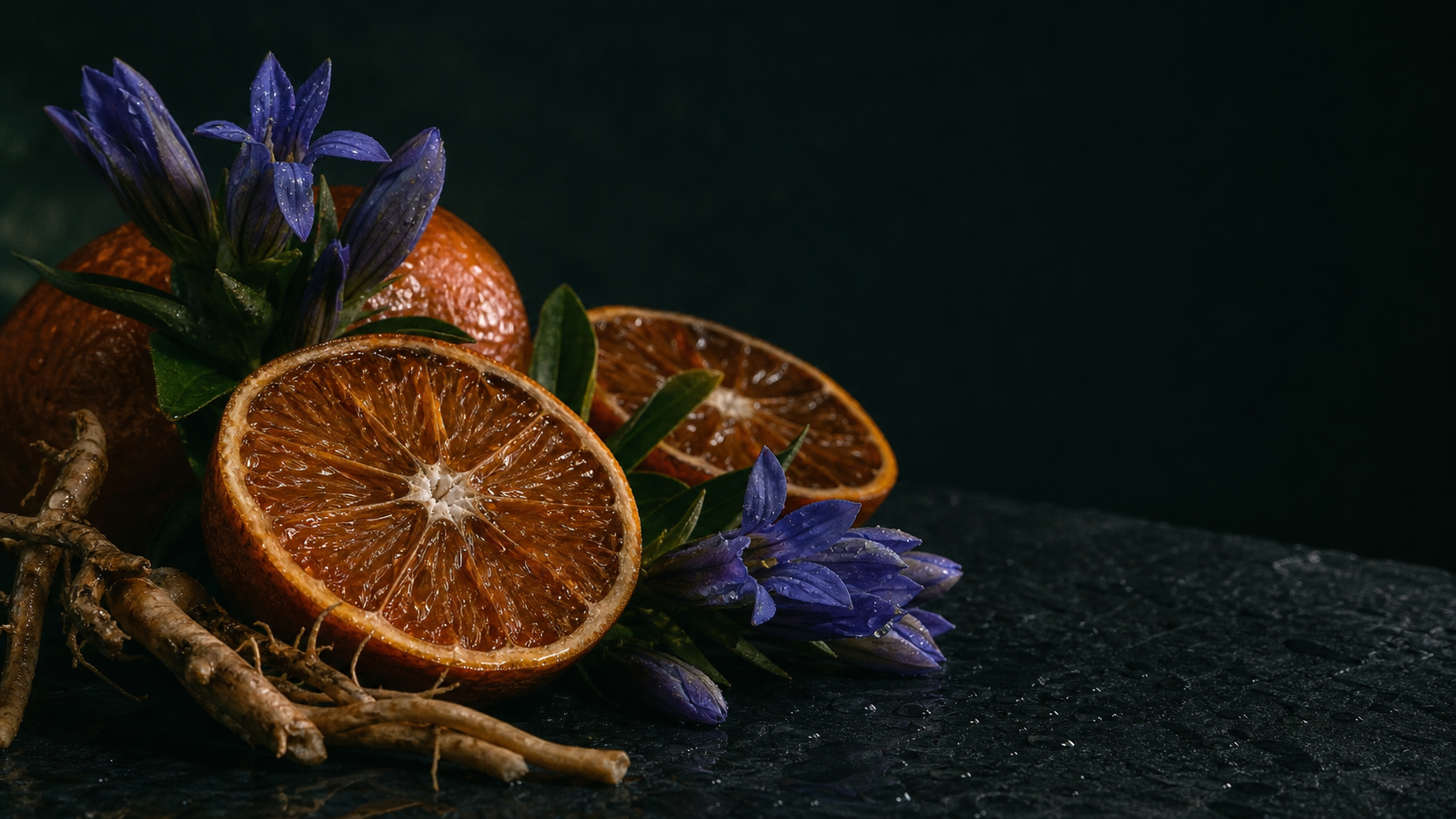 Chinotto oranges, blue gentian flowers and roots on wet black slate